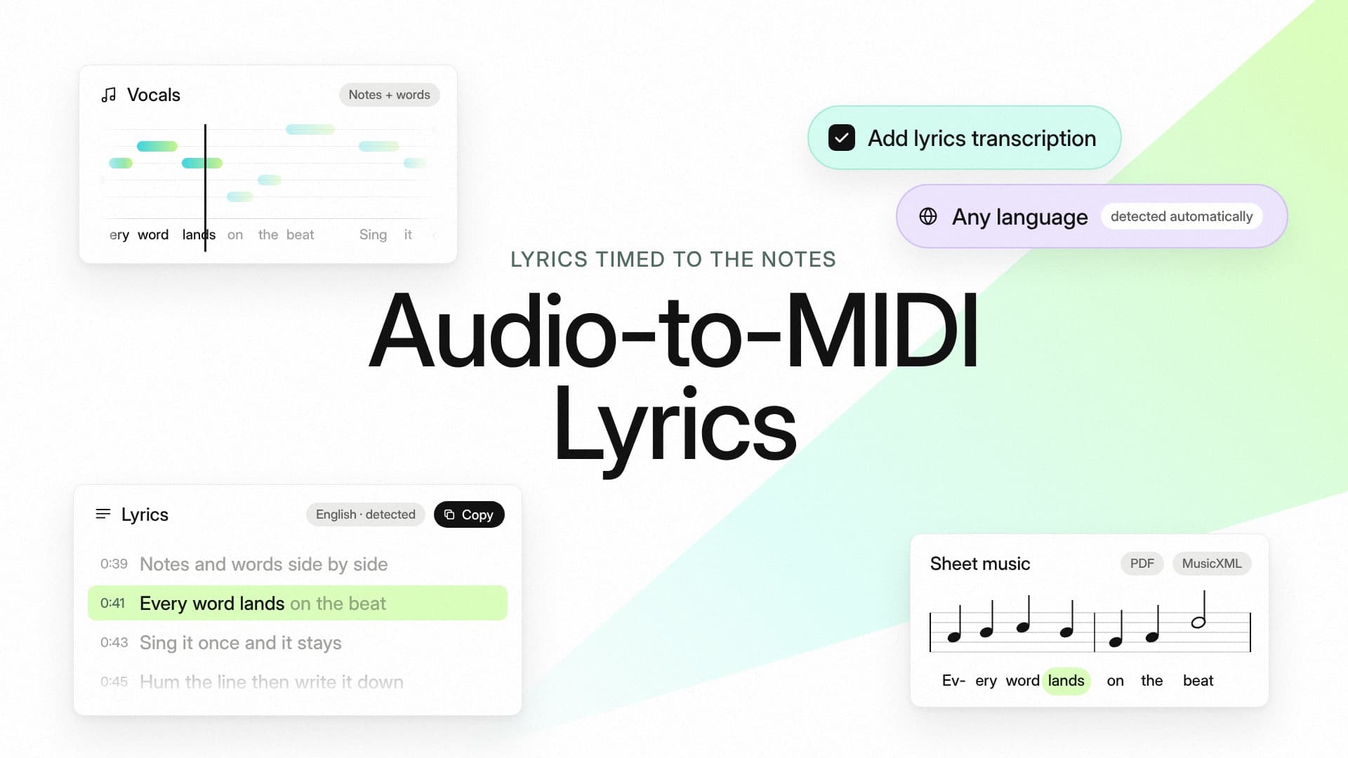 Audio-to-MIDI now transcribes lyrics, timed to the notes