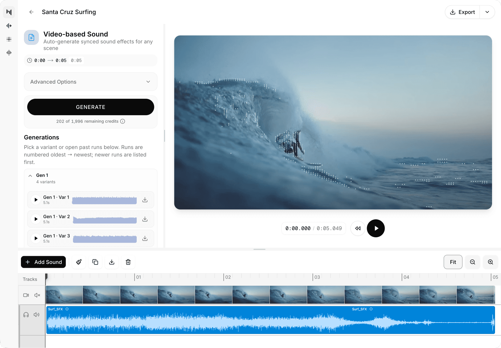 Mirelo web editor showing video-based sound generation and multi-track timeline