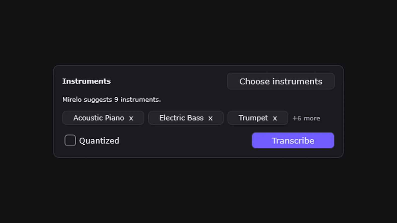 Instrument suggestions in the Mirelo Audio-to-MIDI plugin before transcription