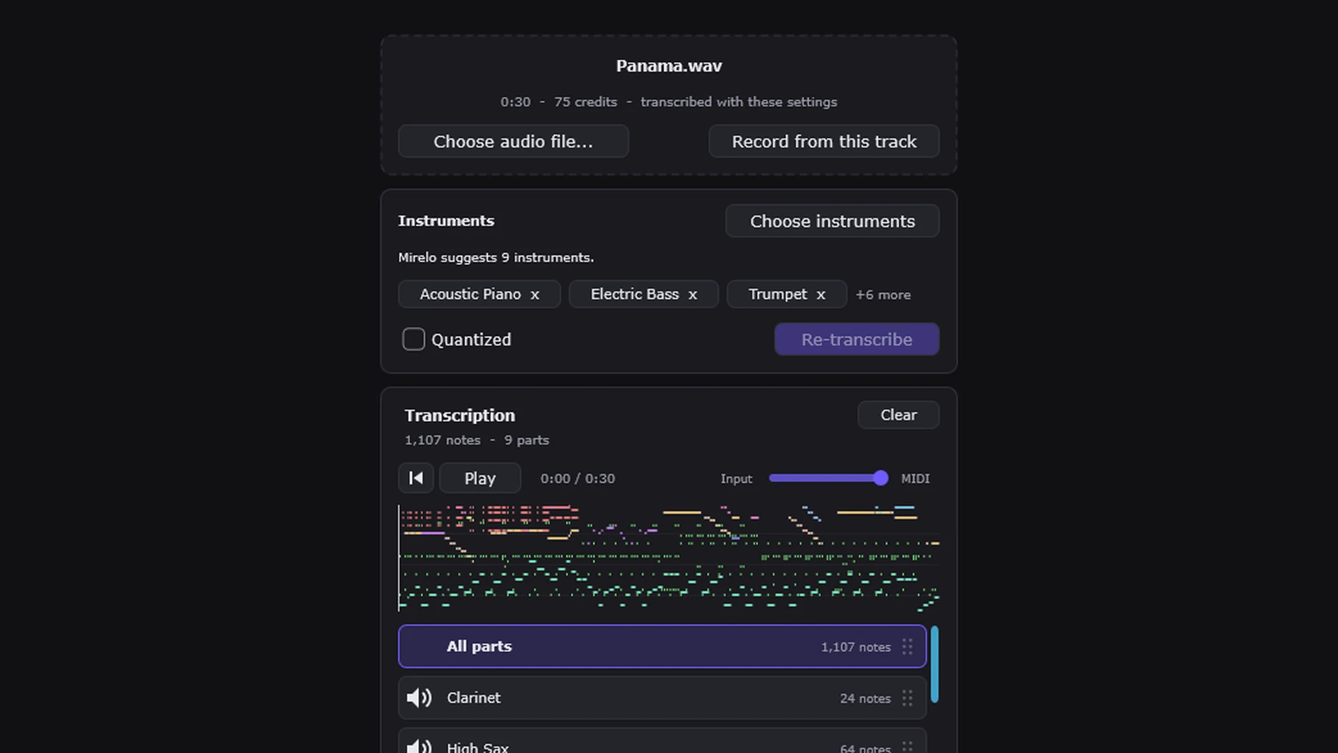 Mirelo Audio-to-MIDI VST3 plugin in a DAW, showing a finished transcription split into instrument parts