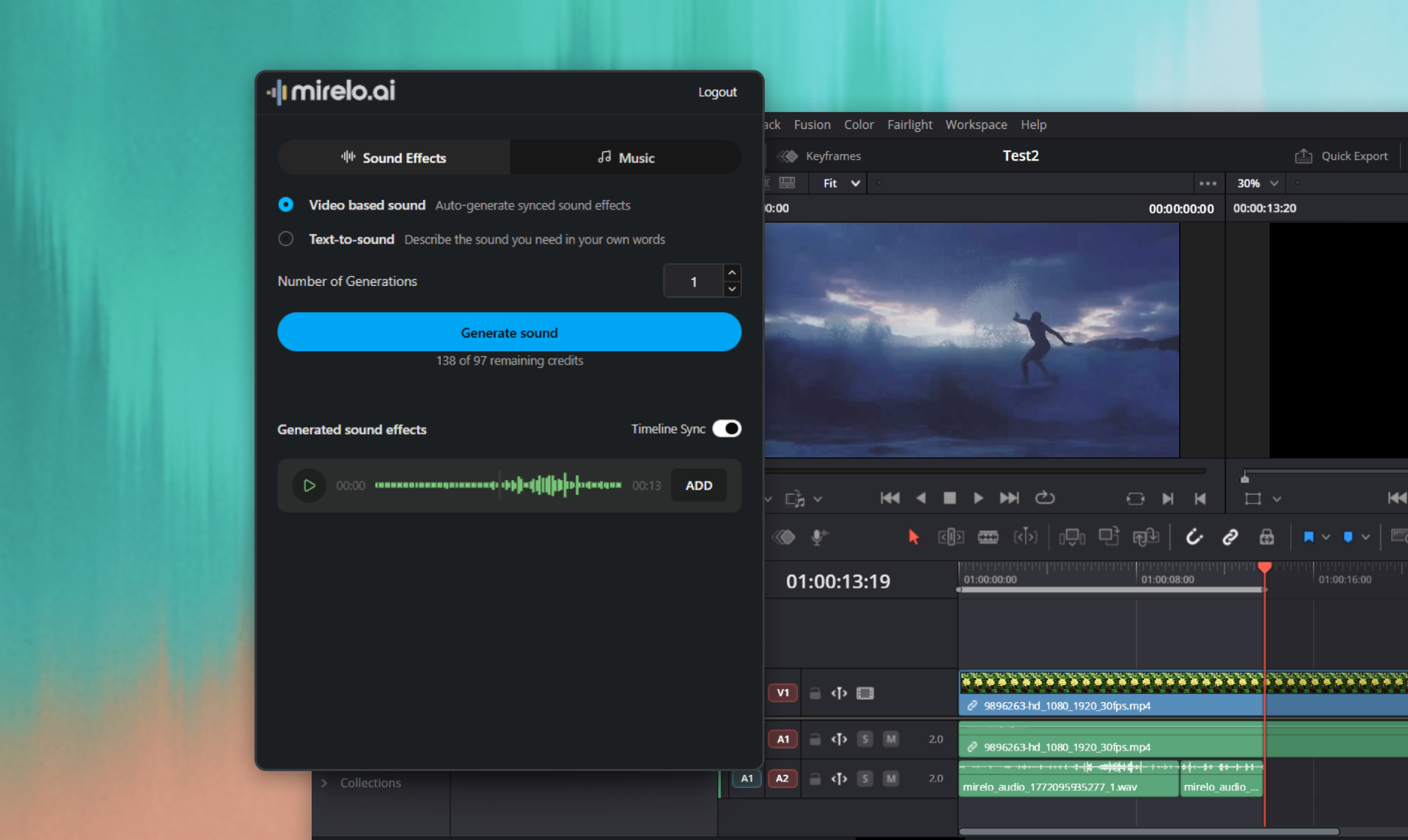 Mirelo AI plugin inside DaVinci Resolve